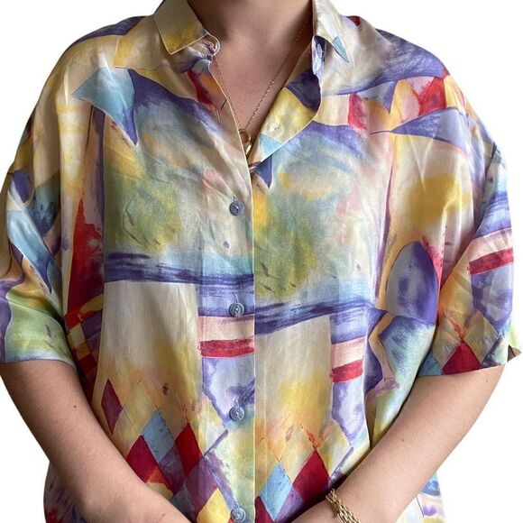 Vintage 80s Womens 100% Silk Sheer Sexy Floral Button Down Geometric Blouse Sz L - Picture 6 of 7